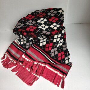 Wide Red & Black Multicolored Argyle  Scarf with Fringed Hem New * Giftable!
